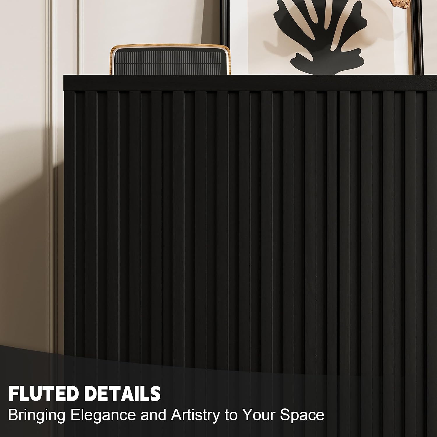 Rophefx Fluted Sideboard Cabinet, 94.5" Buffet Cabinet with Storage, Credenza Storage Cabinets with Adjustable Shelf, Wood Entryway Cabinets with Pop-up Doors for Living Room, Entryway, Hallway, Black