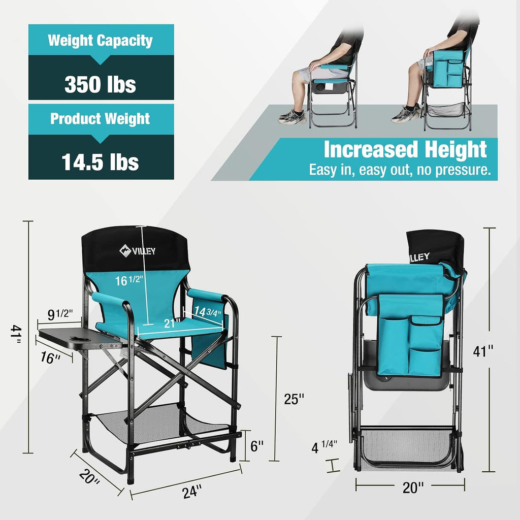 VILLEY Tall Directors Chair, Folding Camping Chair with Footrest | Heavy Duty 900D Oxford Fabric, 350 lbs Capacity, Portable Folding Seat with Side Table for Outdoor Events, Camping & Fishing