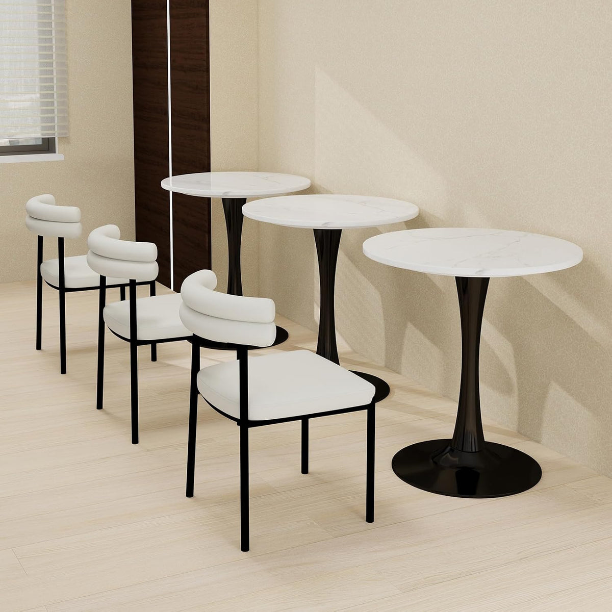 27.6" Marble Round Tulip Table, Mid-Century Modern Style Dining Table with Black Pedestal Base for 2-4 People, Featuring A Marble Tabletop for Kitchen, Dining Room, Cafe (White)