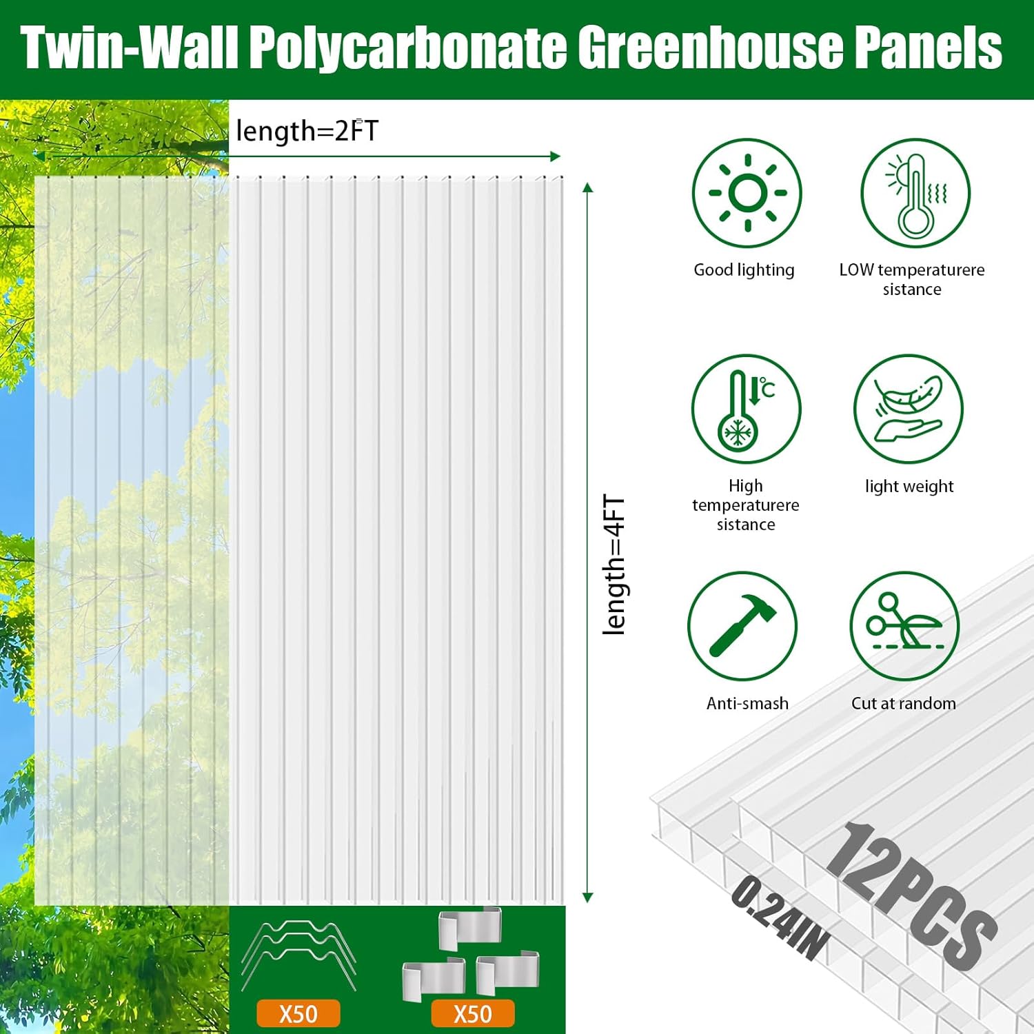 Polycarbonate Greenhouse Panels 12 Pack 4' x 2' x 0.24" Twin-Wall UV-Protected All Weather Plastic Roof Panel Clear Replacement Sheets for Garden Fences, Furniture DIY,Outdoor Roofing