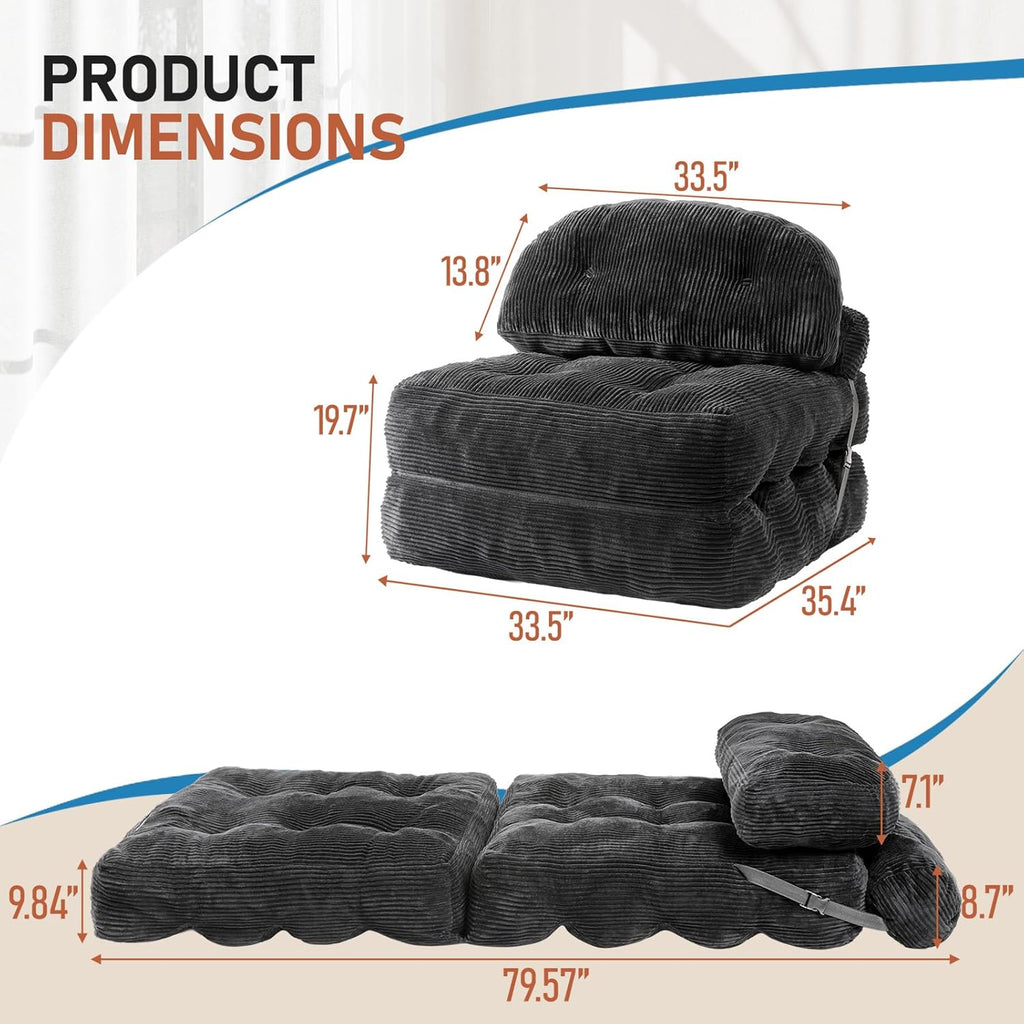 Folding Sofa Bed, Convertible Sleeper Chair with Back Support and Pillow | Foldable Couch for Living Room/Guest Use/Home Office, Foldable Chair Bed for Adults, Dark Gray
