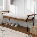 DUOMAY Modern Rectangle Ottoman Bench with Arms and Metal Legs, Mid Century Chenille Fabric Dining Table Bench Footstool Entryway Shoe Bench for Dining Room Bedroom Living Room, White