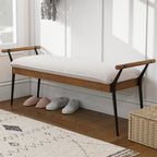 DUOMAY Modern Rectangle Ottoman Bench with Arms and Metal Legs, Mid Century Chenille Fabric Dining Table Bench Footstool Entryway Shoe Bench for Dining Room Bedroom Living Room, White