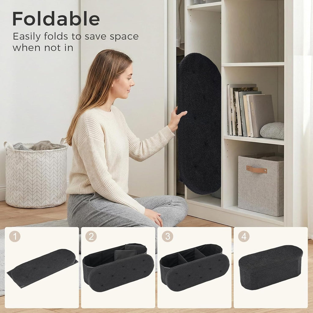 DUMOS Folding Storage Ottoman Bench, Oval Round Ottoman End of Bed Foot Rest Bench Stool with Cushion, Storage Chest for Bedroom, Living Room, Entryway, Dorm, Teddy Fabric, Black