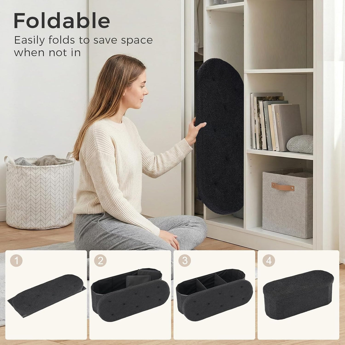 DUMOS Folding Storage Ottoman Bench, Oval Round Ottoman End of Bed Foot Rest Bench Stool with Cushion, Storage Chest for Bedroom, Living Room, Entryway, Dorm, Teddy Fabric, Black