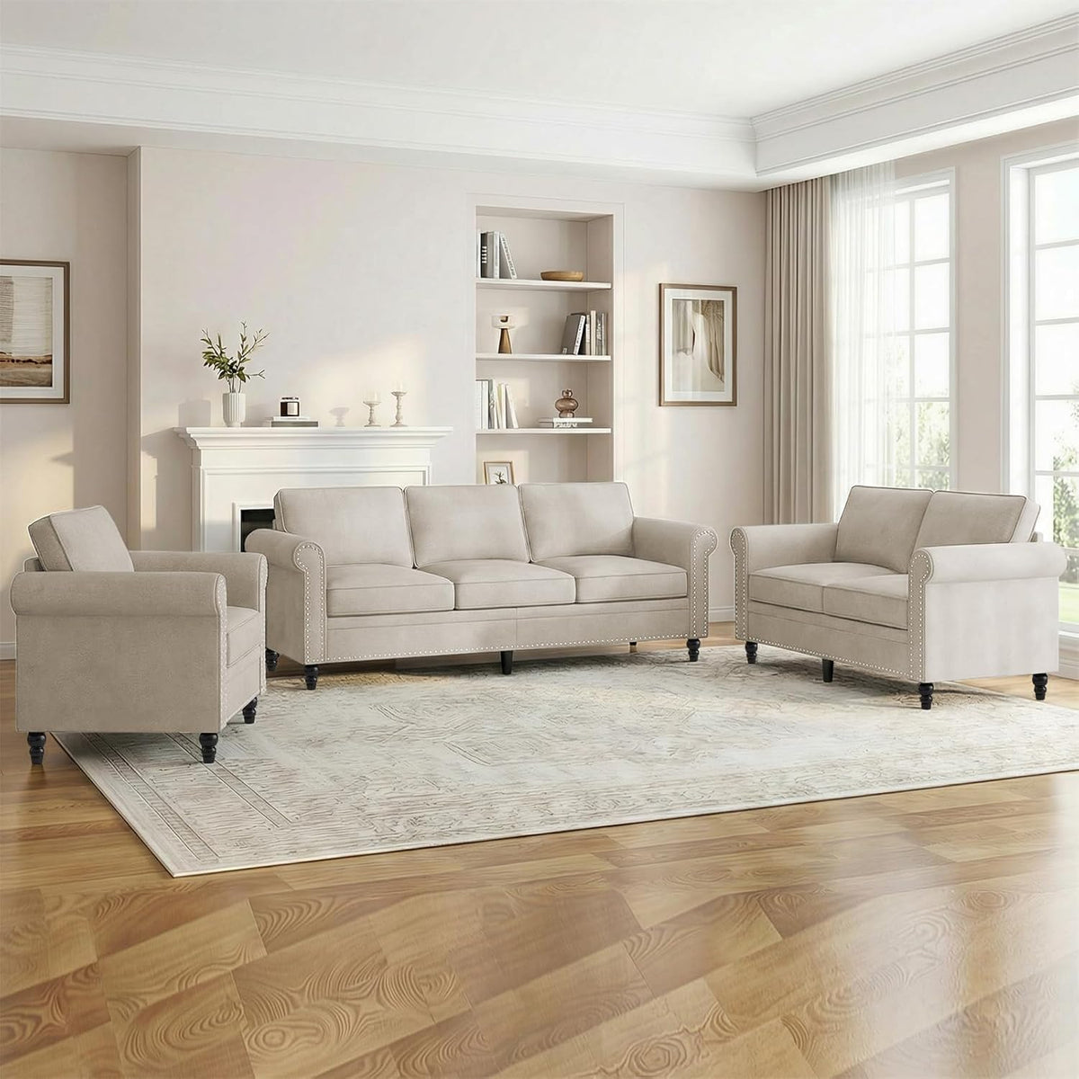 Mjkone 3 Pieces Living Room Sofa Set, Modern Sectional Sofa Couch and Loveseat & Armchair Set, Gourd Shape Wood Legs & Linen Fabric & Nailhead Trim Design Sofas Couches for Living Room, Beige