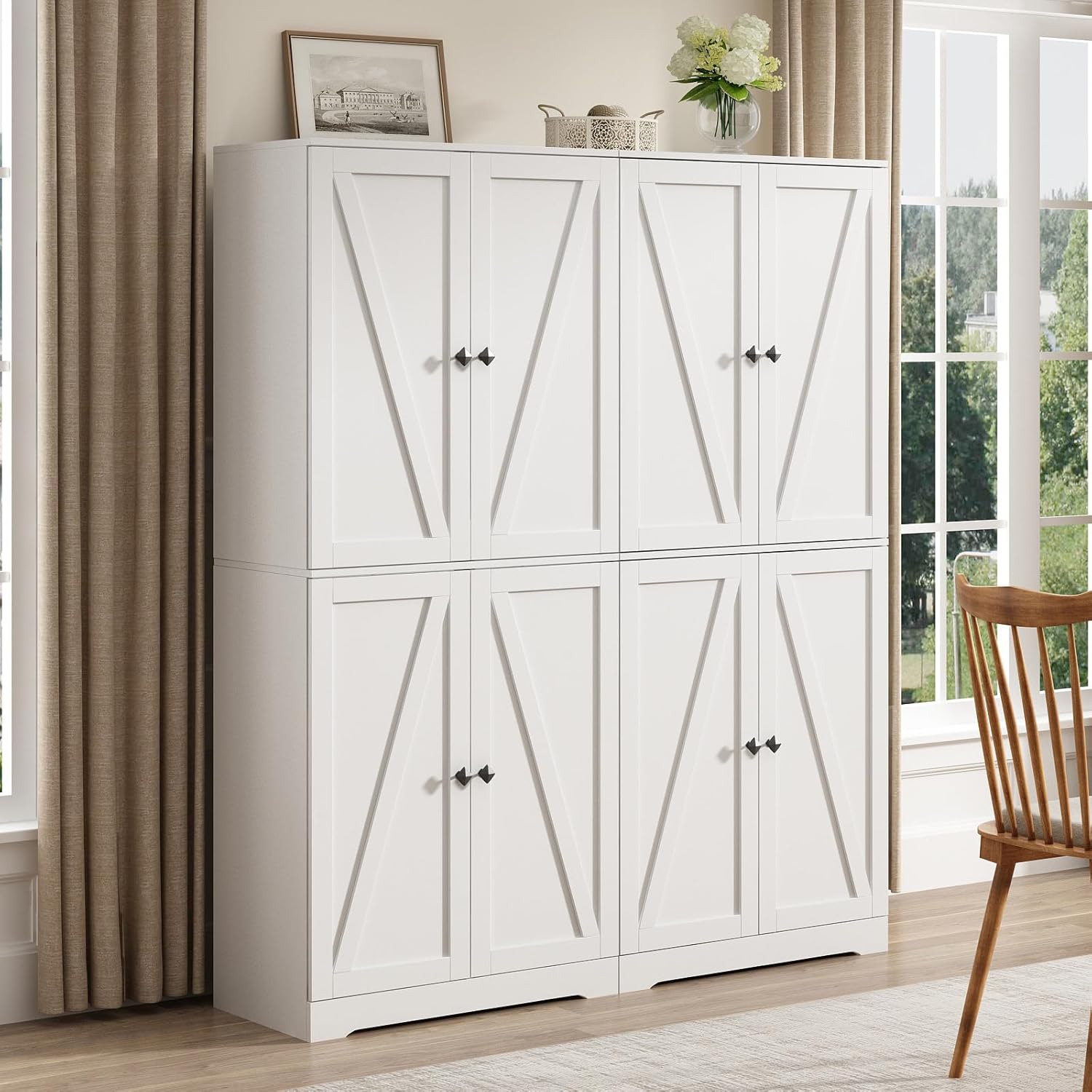 CARPETNAL Farmhouse Pantry Cabinet Set of 2, 72" Tall Wooden Storage Cabinet with 4 Barn Doors & Adjustable Shelf & Square Knobs, Freestanding Kitchen Pantry for Dining Room, Bathroom, White