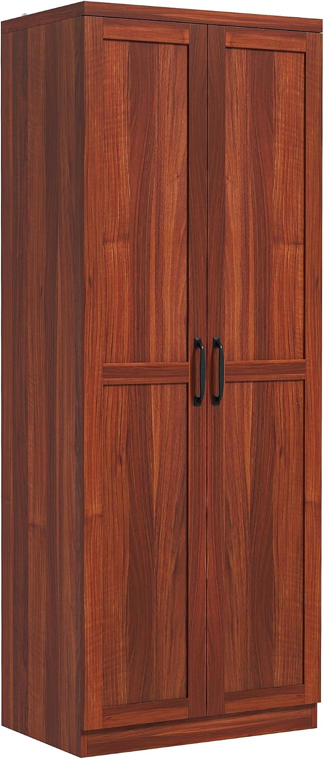 63" 2-Door Kitchen Pantry, Freestanding Storage Cabinet with 5-Tier Shelving and 2 Adjustable Shelves for Dining Room, Cherry Wood Color