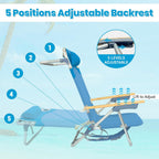 2 Pack Low Backpack Beach Chair with Folding Bamboo Table for Adults, 5-Position Lay Flat Reclining Chair Lightweight with Cooler Bag Supports 265 lbs