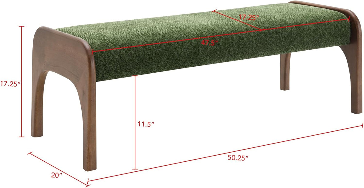 KEIKI 50.25" Upholstered Bed End Bench, Chenille Entryway Bench, Modern Dining Bench with Solid Rubber Wood Legs for Kitchen, Bedroom, Entryway (Green)