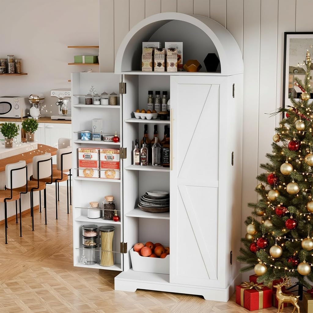 65" H Arched Kitchen Pantry, Modern Cupboard Storage Cabinet with 10 Side Storage Shelves & 3 Adjustable Shelves, Farmhouse Food Pantry Case for Living Room, Dining Room, White