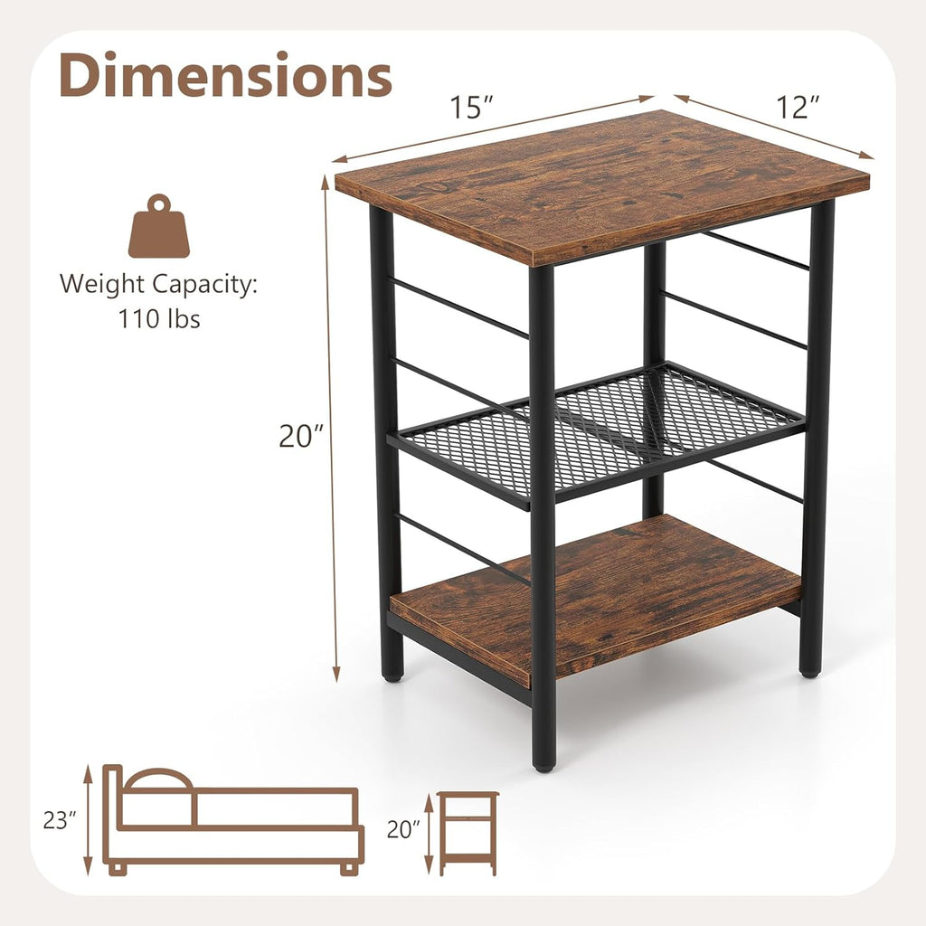 Giantex 3-Tier Side Table with Adjustable Mesh Shelf, Industrial Nightstand, Small End Table Stand for Living Room, Bedroom, Office, 12" D x 15" W x 20" H