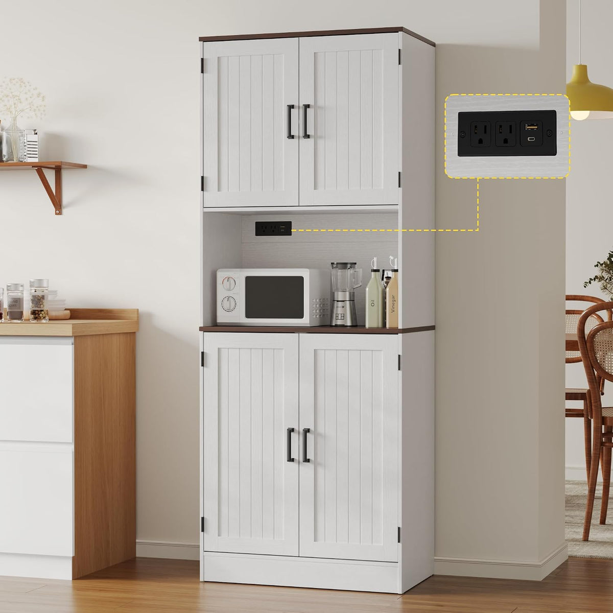 MHOM 71" Tall Pantry Cabinet with Charging Station, Farmhouse Kitchen Hutch with Adjustable Shelves, Modern Kitchen Pantry Storage Cabinet for Dinning Room & Living Room, Antique White