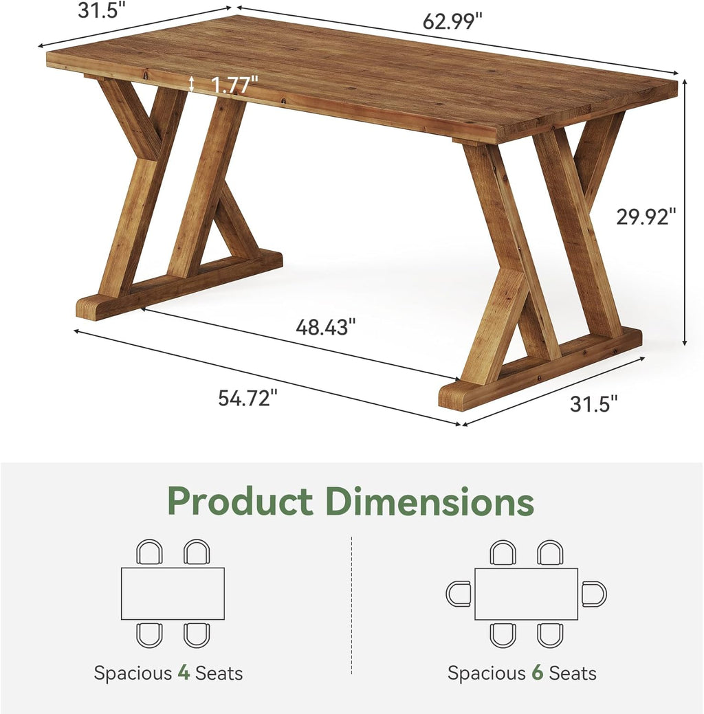63" Farmhouse Solid Wood Dining Table for 4-6, Wooden Rectangular Rustic Kitchen Dinner Table with Heavy-Duty Legs for Living Room, Dining Room, Brown