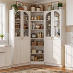 Cyclysio 80" Tall Pantry System with 4 Tempered Glass Doors, Arched Corner Pantries with 6-Tier Open Shelves, Wooden Cupboard Storage Organizer with Baseboard Cutout for Living Room