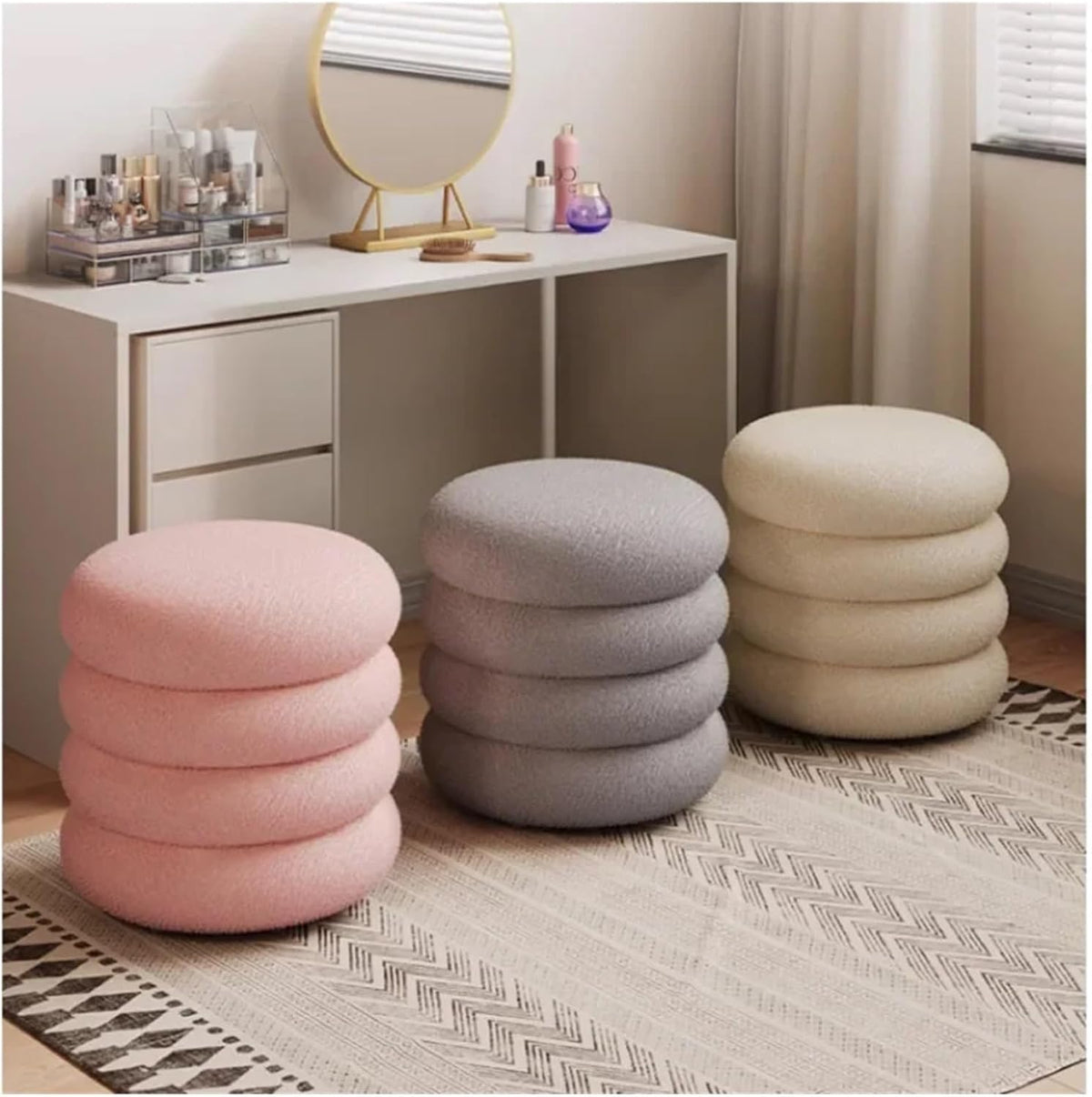Soft Lamb Wool Ottoman Cream Vanity Stool for Girls' Makeup Bedroom Chair with Minimalist Design Round Pouf Ottoman,35x40cm Pink-One Size