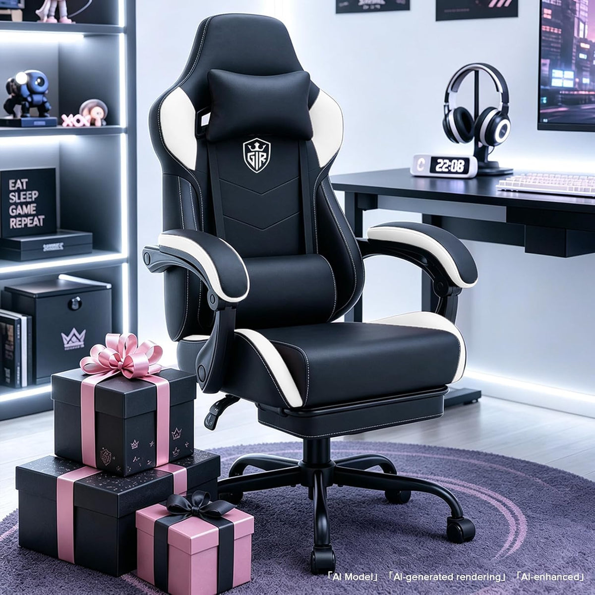 GTPLAYER Gaming Chair with Footrest, High Back Computer Chairs for Adults with Linkage Armrest Lumbar Support Heavy Duty 350lbs Ergonomic Swivel PC Game Chair for Office, White