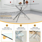 Modern Glass Dining Table Set for 6, Silver Glass Kitchen Table and Chairs Set, 7 Piece Dining Room Table Set with 51" Rectangle Dinner Table and 6 White Leather Dining Chairs