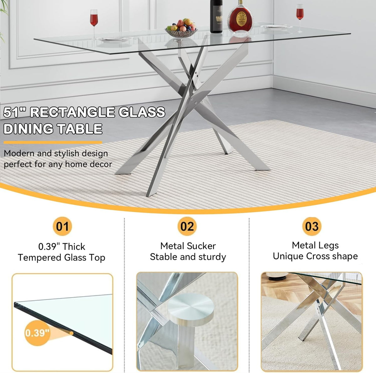 Modern Glass Dining Table Set for 6, Glass Silver Kitchen Table and Chairs Set, 7 Piece Dining Room Table Set with 51" Rectangle Dinner Table and 6 Black Leather Dining Chairs
