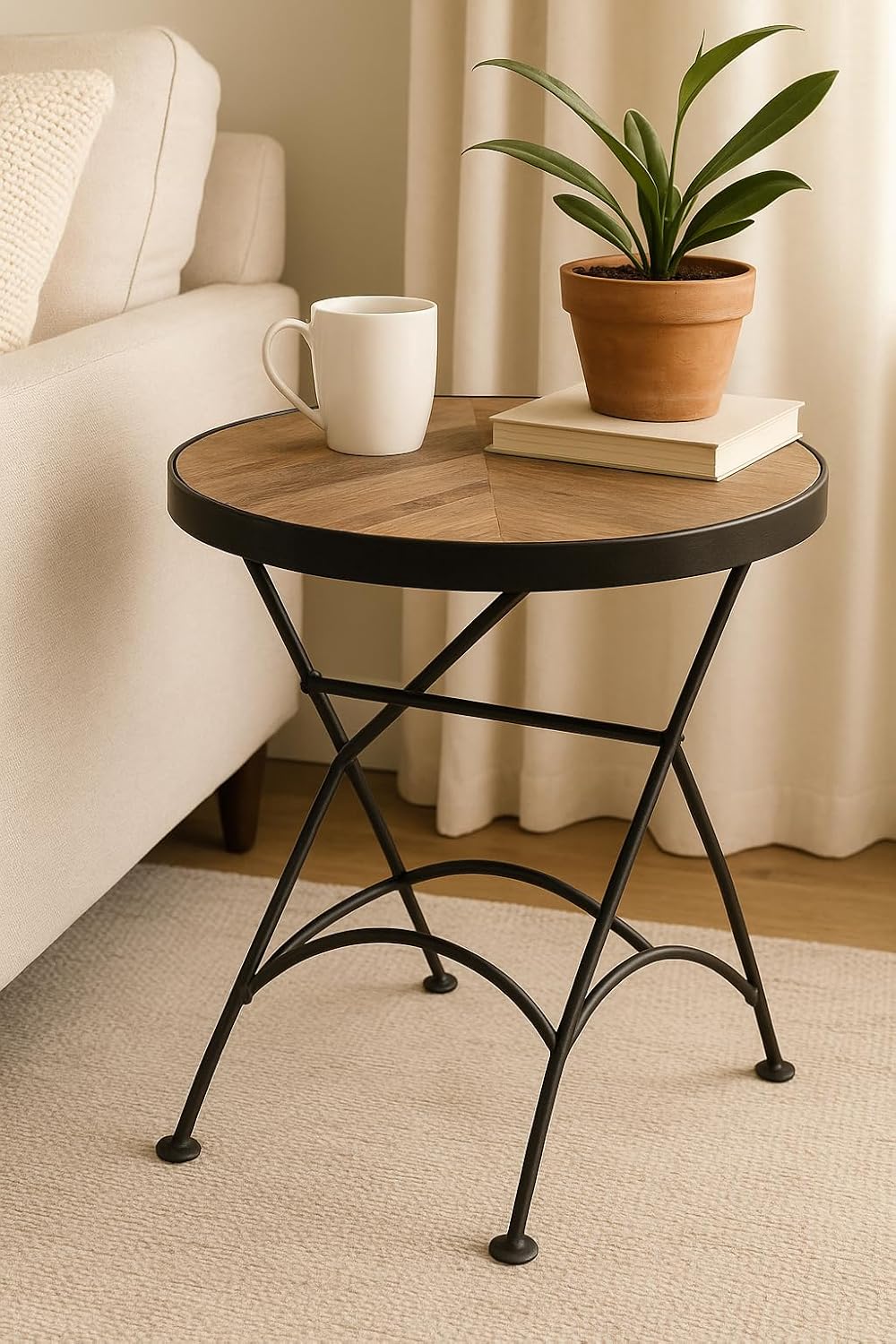 East at Main Nadine Round Folding Side Table, Sand Mango Wood & Black Iron, Small Space End Table