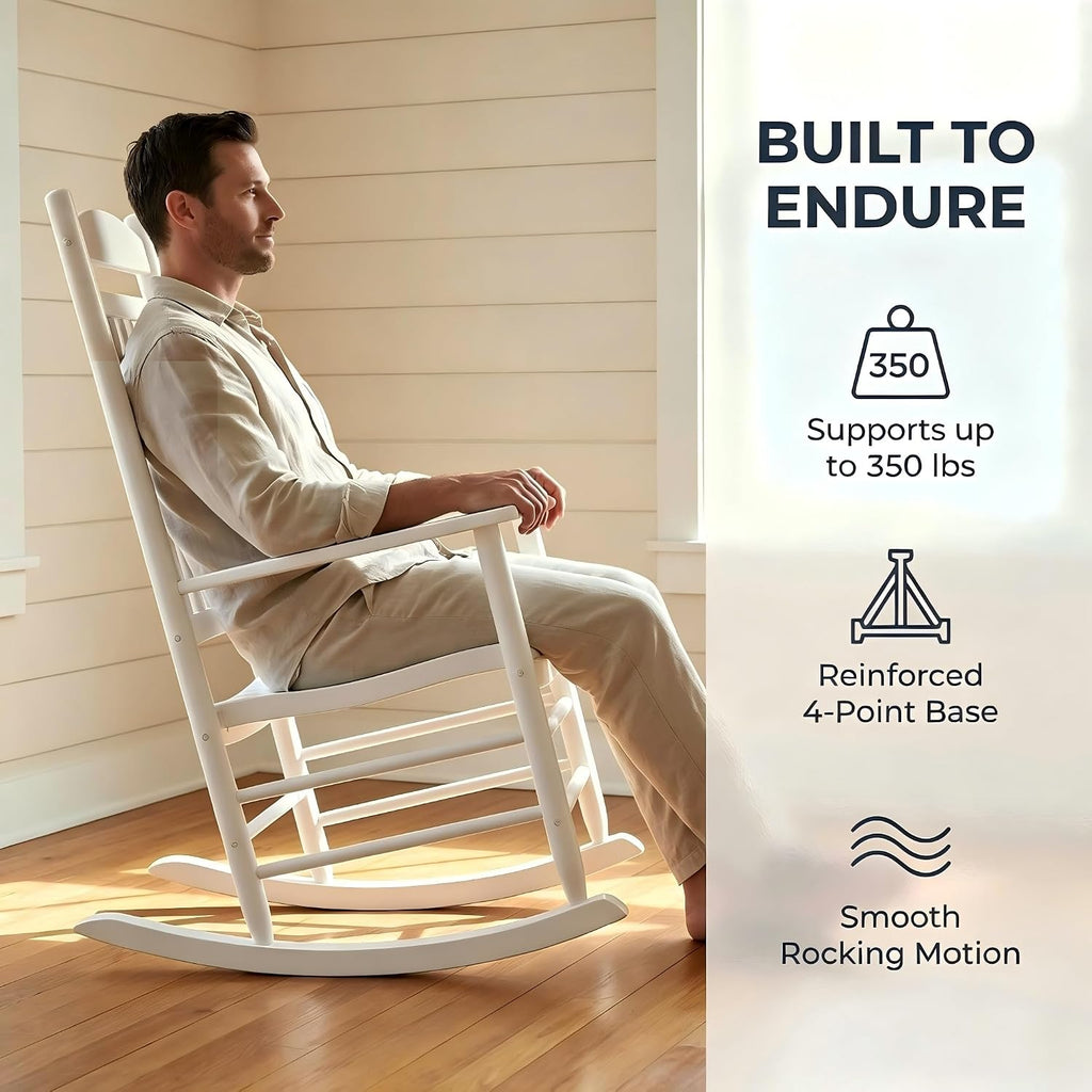 Wooden Outdoor Rocking Chair, Weatherproof Oversized Rocking Chair, Heavy Duty Comfort with 350 lbs Weight Capacity, Solid Relaxing Rocker with High Back for Patio, Porch, Living Room (white)