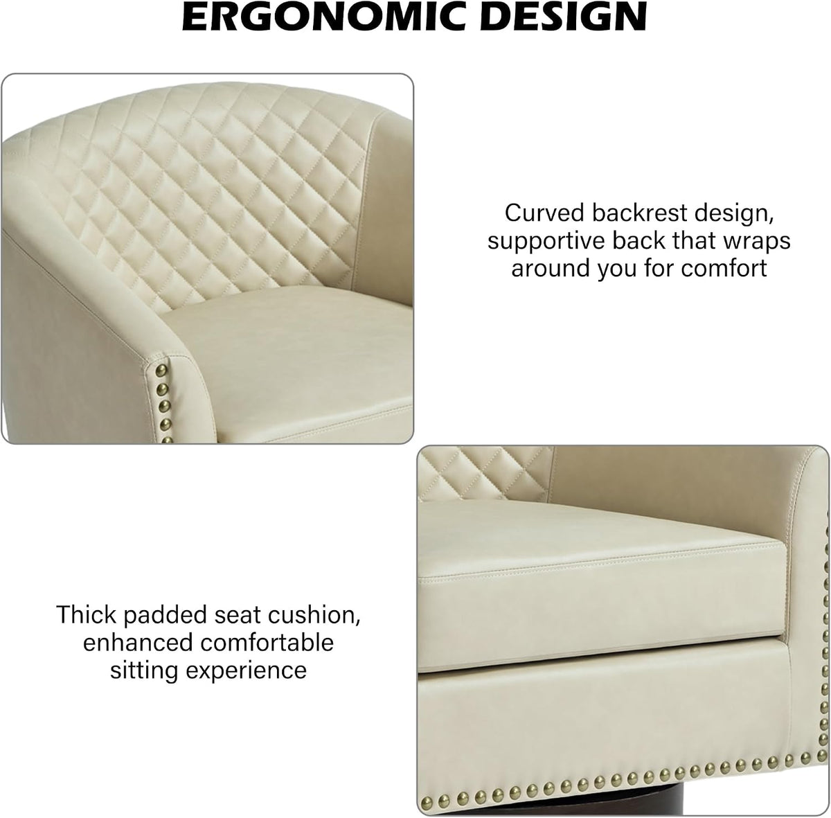 Swivel Barrel Accent Chair Set of 2, Comfy Modern Upholstered Round Faux Leather Arm Chair for Living Room, Bedroom -Beige