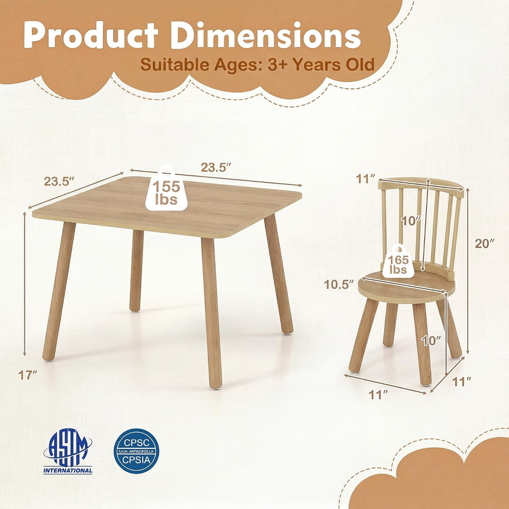 Costzon Kids Table and Chairs, 3 PCS Wooden Desk Set for Toddlers (Natural) | Pine Wood Frame, 2 Rounded Chairs, Nursery Children's Room Furniture for Arts, Crafts, Reading, Eating
