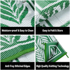 Outdoor Plastic Rug 6'x9' Waterproof Camping Carpet Outside Area Rug Reversible Green Rugs for RV Deck Entryance Porch Picnic Balcony Beach