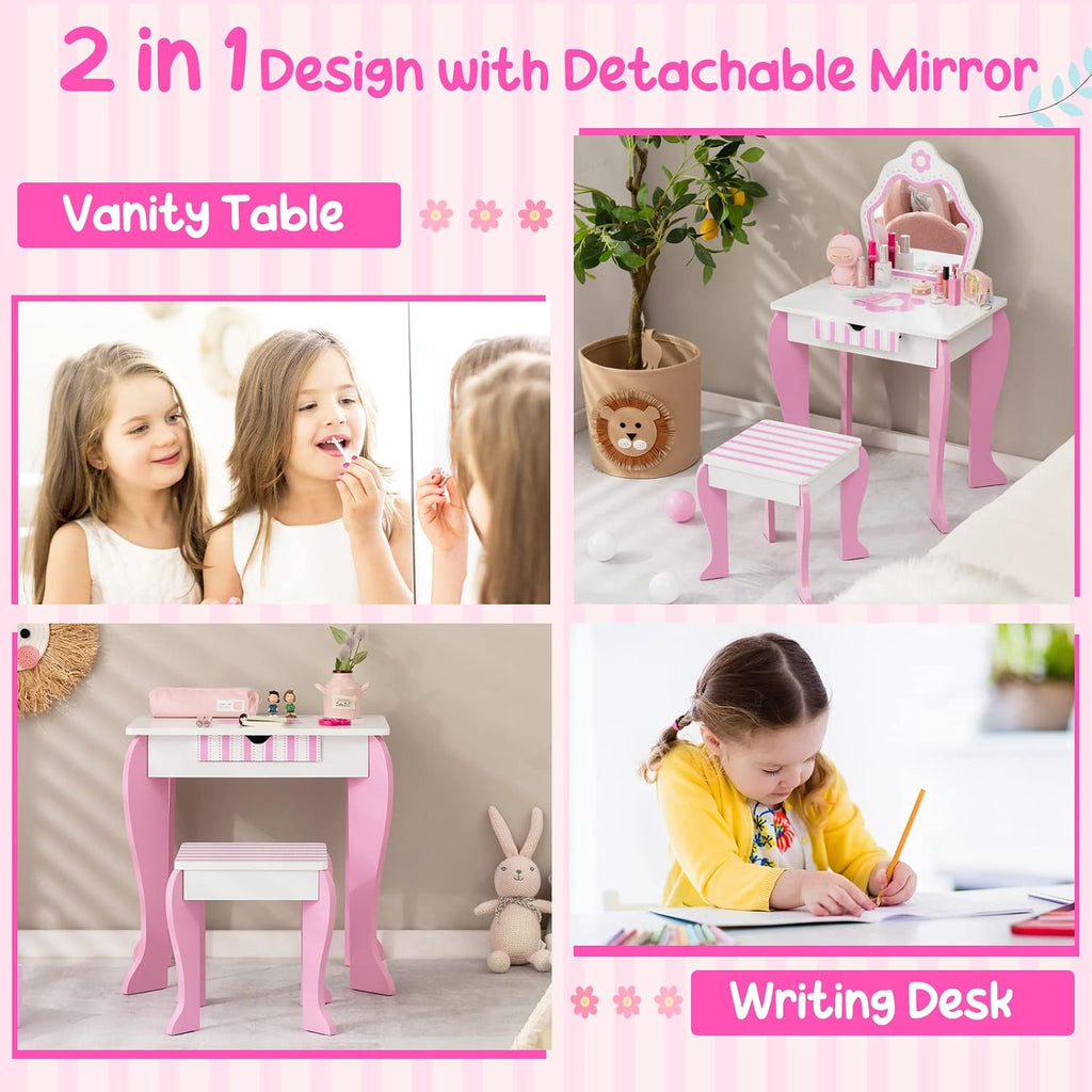 Costzon Kids Vanity, Girls Vanity Set with Mirror and Stool, Storage Drawer, Wooden Princess Makeup Dressing Table, Kids Vanity Table and Chair Set