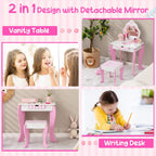 Costzon Kids Vanity, Girls Vanity Set with Mirror and Stool, Storage Drawer, Wooden Princess Makeup Dressing Table, Kids Vanity Table and Chair Set