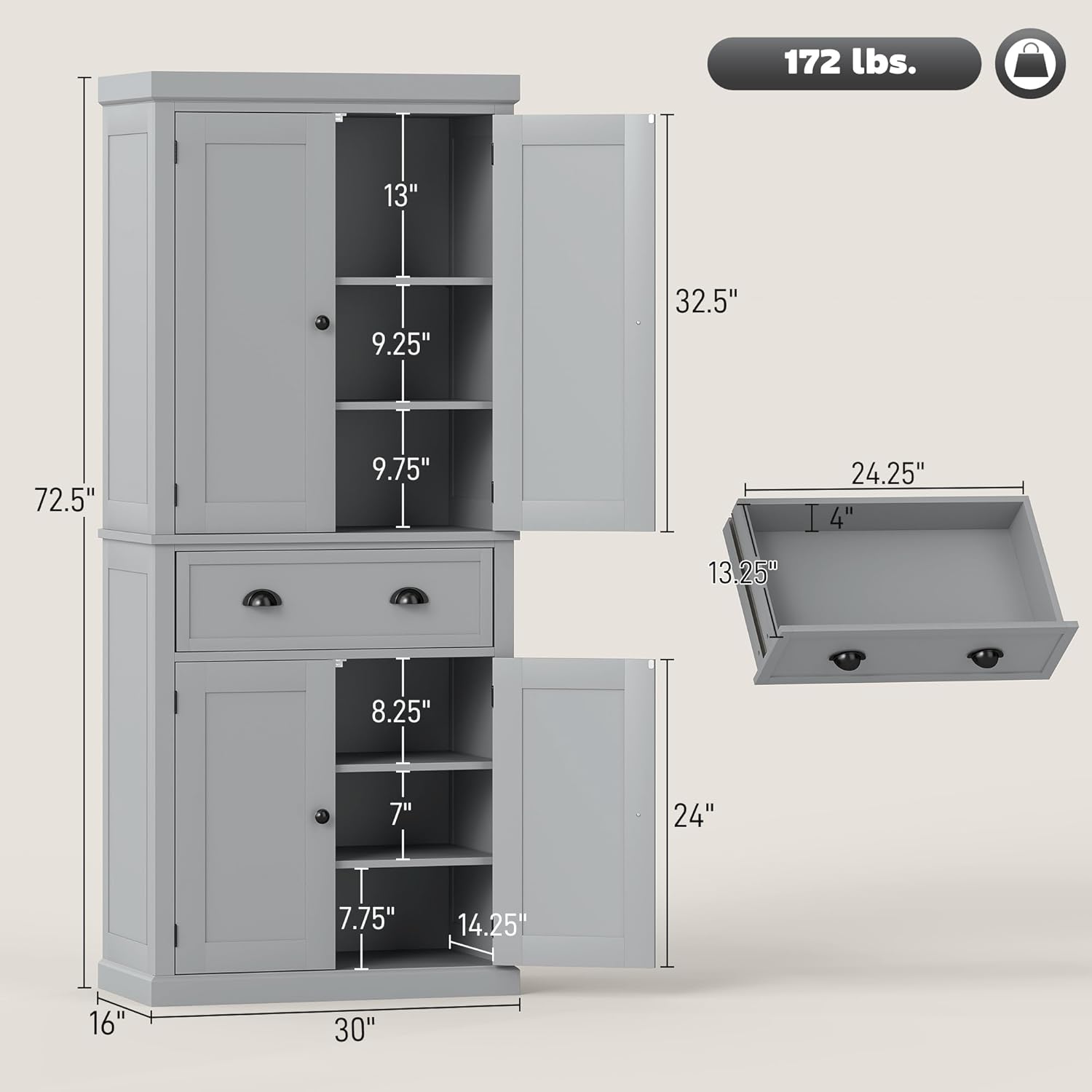 HOMCOM 72.5" Kitchen Pantry Cabinet, Traditional Freestanding Storage Cabinet with 4 Doors, Drawer and 3 Adjustable Shelves for Dining Room, Gray