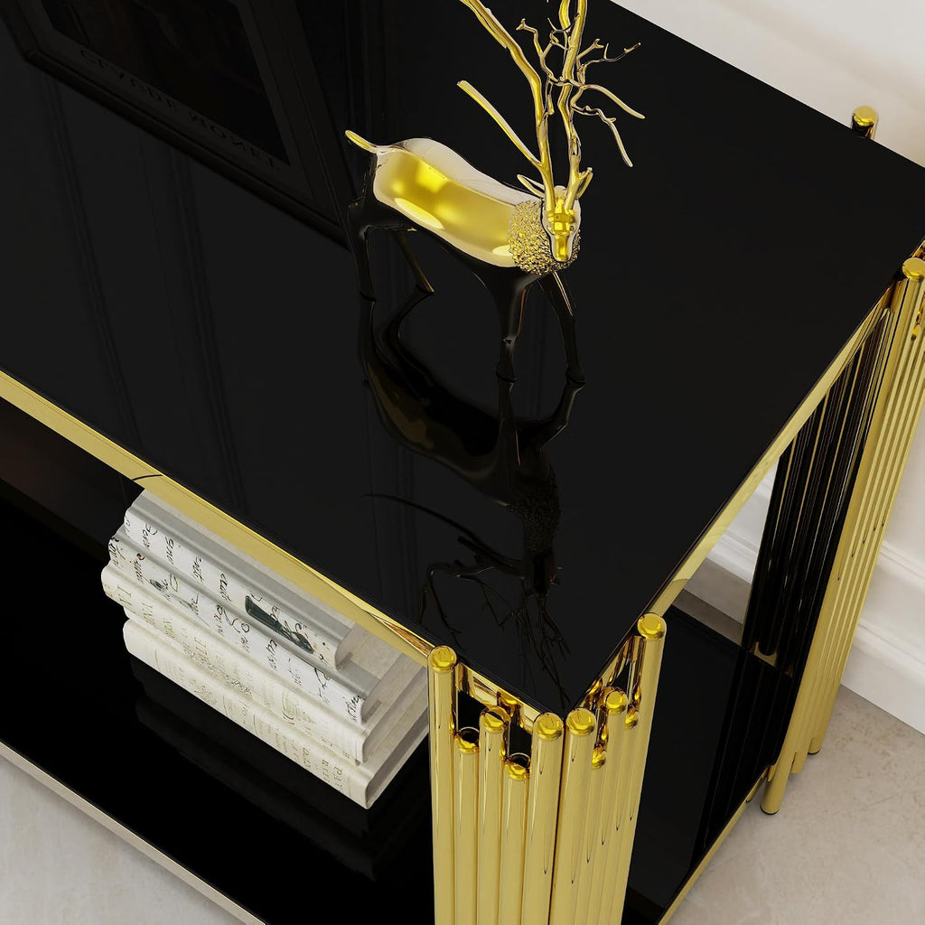Gold Console Table with Tempered Glass for Entryway Living Room, Modern Luxury Stainless Steel Sofa Side Table Narrow Porch Hallway Tables (Black, 47inch)