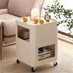 Cream Style Side Table with Wheels Mobile TV Tray Cart Square Bedside Table with Storage Trolley Couch Table for Living Room Long-Lasting(White)