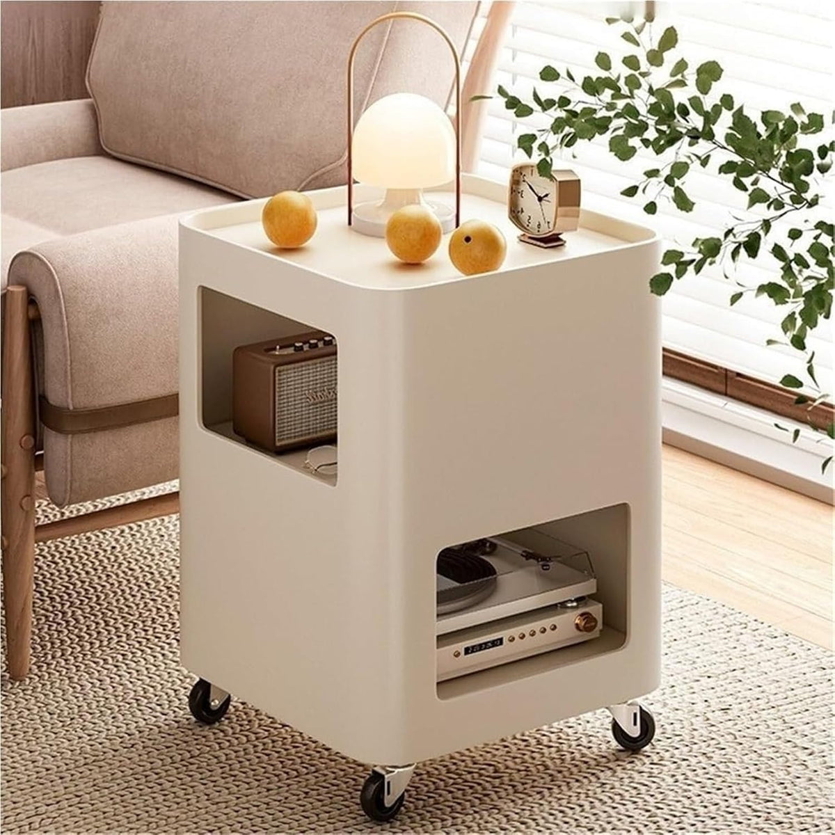 Cream Style Side Table with Wheels Mobile TV Tray Cart Square Bedside Table with Storage Trolley Couch Table for Living Room Long-Lasting(White)
