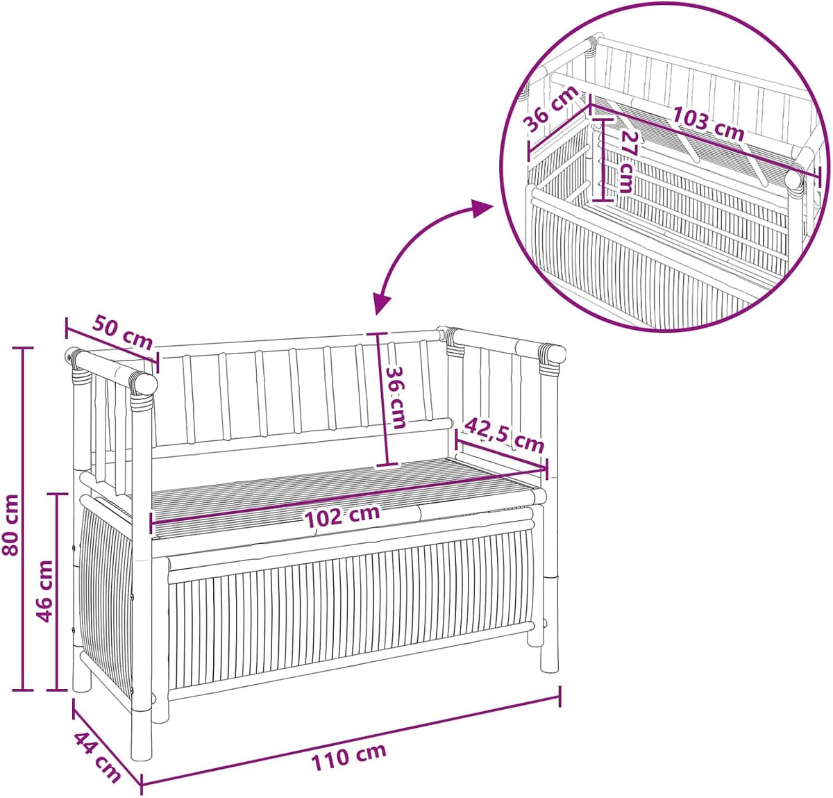 Bamboo Garden Storage Bench, 43 Inch Outdoor Patio Seating with Under Seat Hidden Compartment, Natural Wood Entryway Bench for Sunroom Backyard and Porch