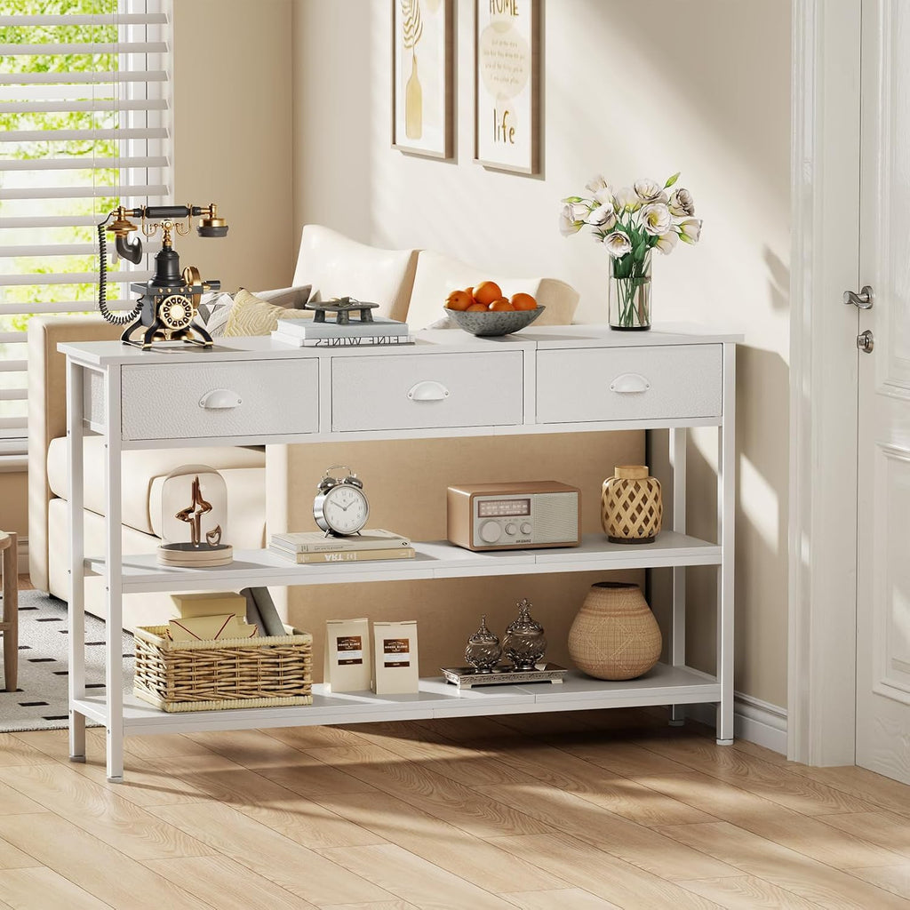 47" console table Set of 2 with 3 Drawers, Sofa Table for Behind Couch | Industrial Hallway Table with Open Wooden Shelves for Hallway, Entry Way, Living Room, Kitchen, Foyer, White