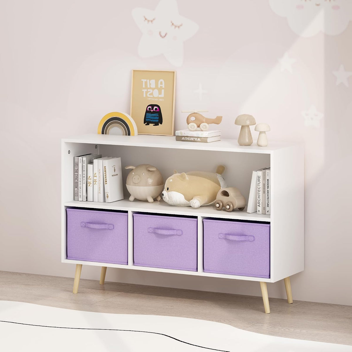 Kids Bookcase with Collapsible Fabric Drawers, Toddler Table and | Multi-purpose kids furniture set for bedroom with collapsible fabric drawers, sturdy MDF board, easy setup, perfect for
