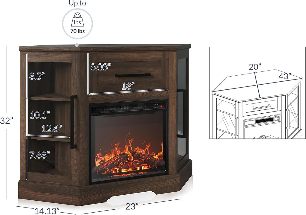 BELLEZE 43" Corner TV Stand with 18" Electric Fireplace Heater for TVs up to 43", Modern Corner Wood Entertainment Center with Glass Door Storage Cabinets - Dale (Dark Walnut)