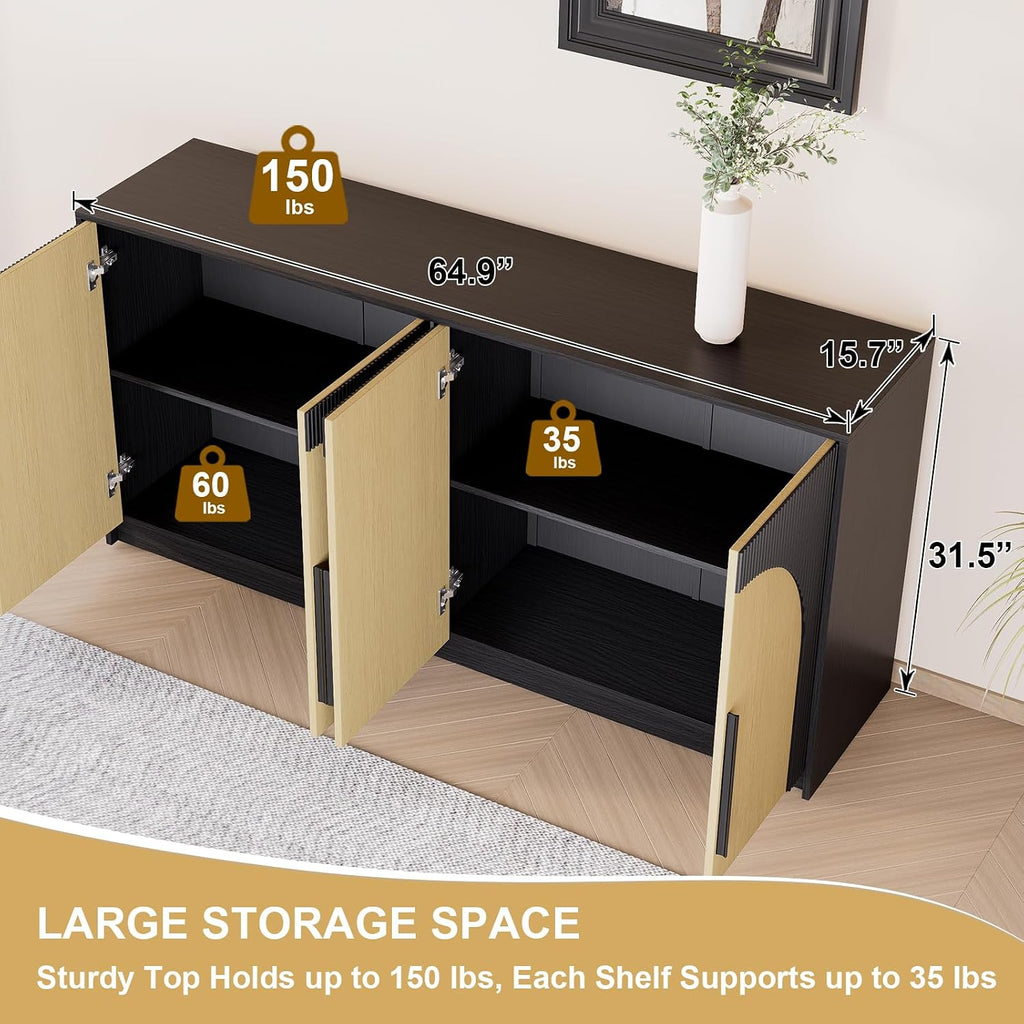 65 Inch Fluted Buffet Cabinet with Storage Symmetrical Arc Accent Sideboard Large Console Table for Dining Room Kitchen and Living Room (Camel)