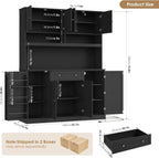 HIFIT 72.8” LED Kitchen Pantry Cabinet with Charging Station, 55” Wide Farmhouse Pantry Cabinet with Microwave Stand&Shelves&Swing-Out Door, Kitchen Hutch Coffee Bar for Living Room, Black