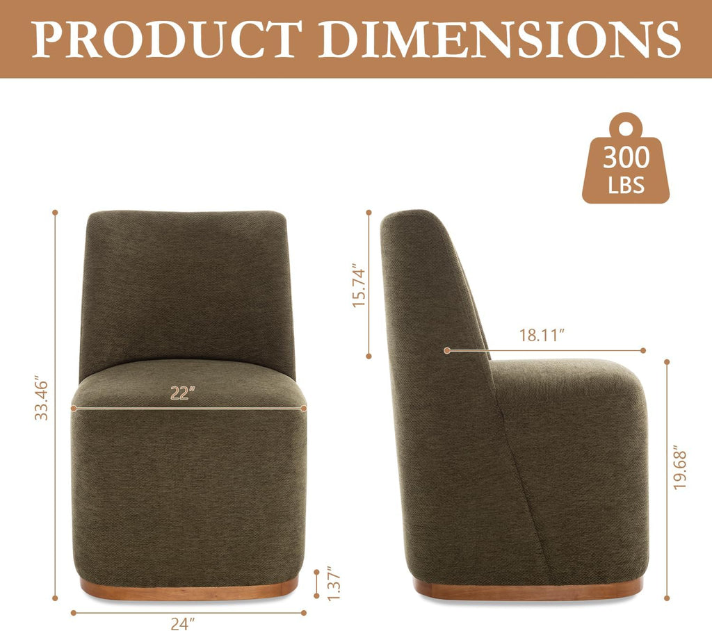 Chenille Rolling Dining Chairs with Casters Set of 2, Modern Upholstered Kitchen & Dining Room Comfortable Decorative Chairs, for Bedroom Reading Room Living Room, Green