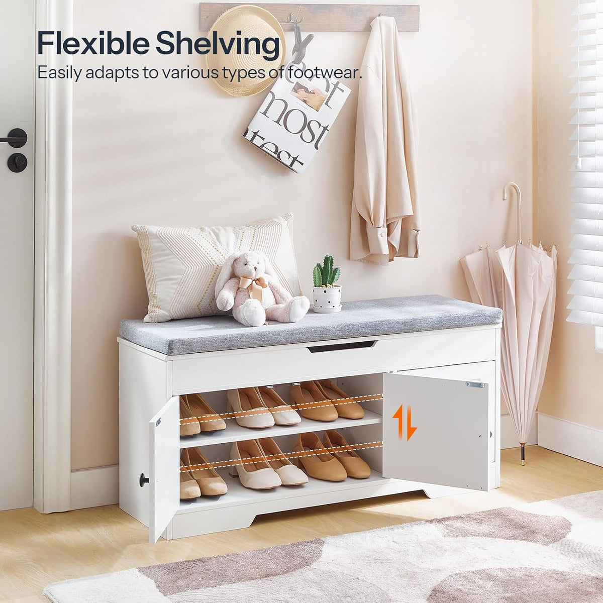 HOOBRO 39.4" Long Entryway Bench with Flip-Top Storage, 3 Tier Shoe Storage Bench with Thickened Padded Seat Cushion, Wooden Shoe Bench with 3 Barn Doors & Adjustable Shelf, White and Gray WG35HX01