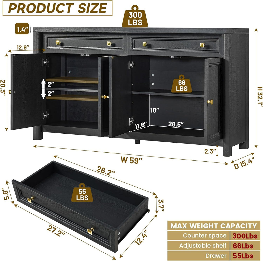 Standifurno Credenza Storage Cabinet with 4 Doors and 2 Drawers, 59" Large Sideboard Buffet Cabinet, 32.1'' Tall Wood Buffet Table Coffee Bar Console Cabinets for Living Dining Room, Black