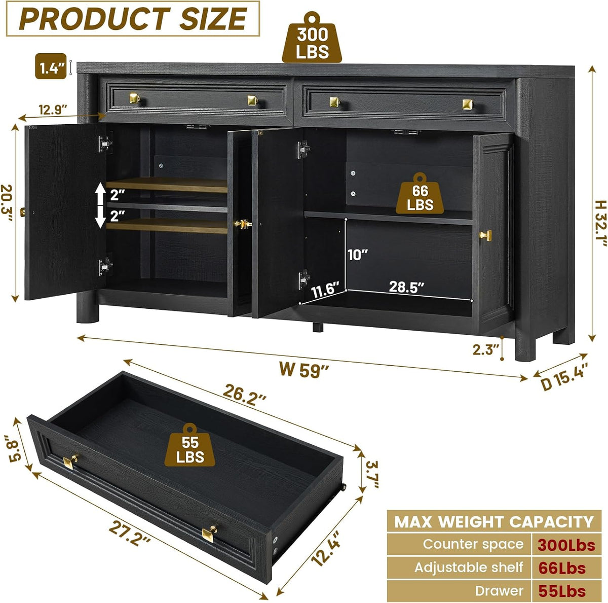 Standifurno Credenza Storage Cabinet with 4 Doors and 2 Drawers, 59" Large Sideboard Buffet Cabinet, 32.1'' Tall Wood Buffet Table Coffee Bar Console Cabinets for Living Dining Room, Black