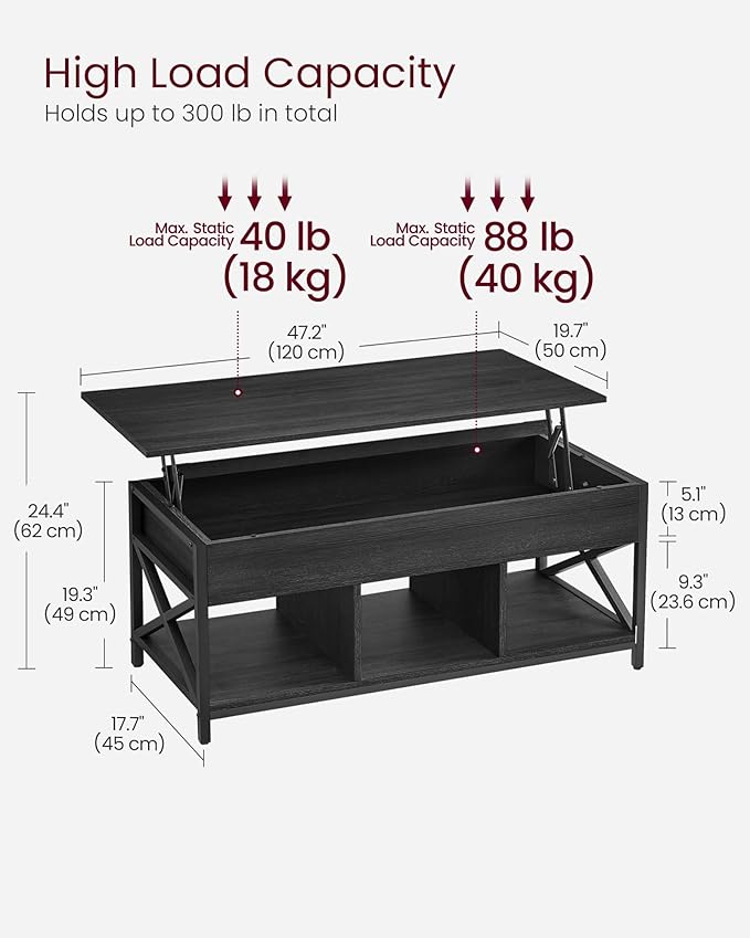 VASAGLE Lift Top Coffee Table, Lift Coffee Table with Storage Shelf, Hidden Compartments and Lifting Top, for Living Room, Office, 19.7 x 47.2 x (19.3-24.4) Inches, Black with Wood Grain ULCT212B22