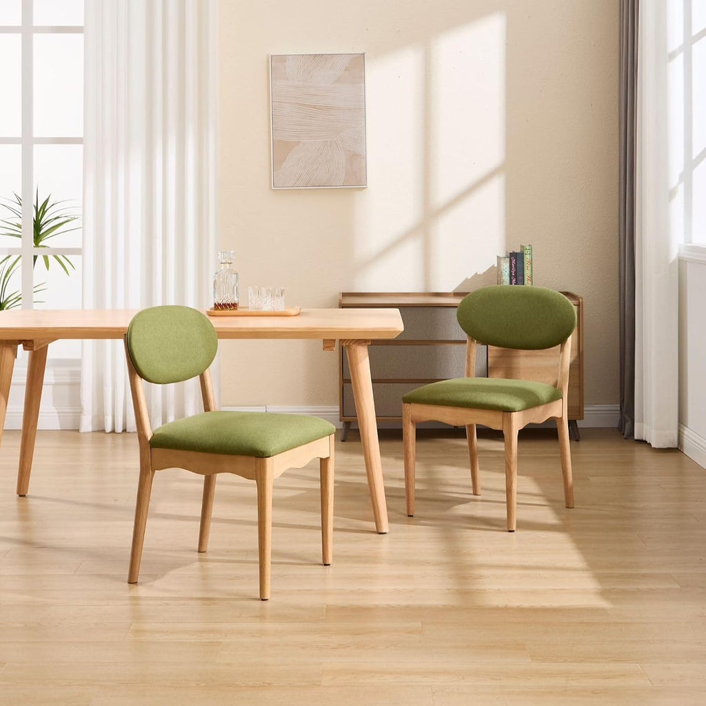 ROCITY Green Upholstered Dining Chairs Set of 2 Wood Dining Room Chairs Farmhouse Boho Kitchen Chairs Linen Fabric Natural Oak Wood