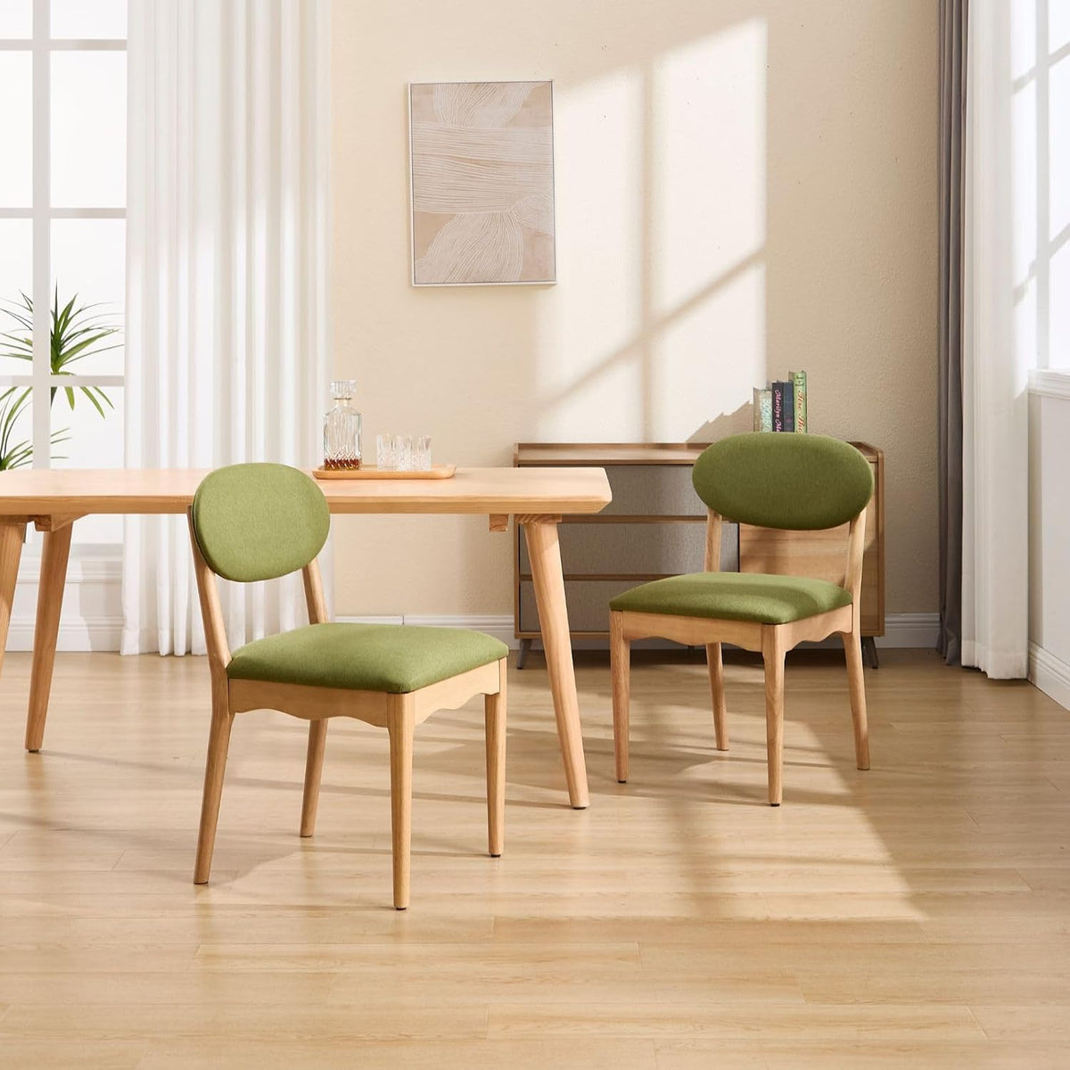 ROCITY Green Upholstered Dining Chairs Set of 2 Wood Dining Room Chairs Farmhouse Boho Kitchen Chairs Linen Fabric Natural Oak Wood