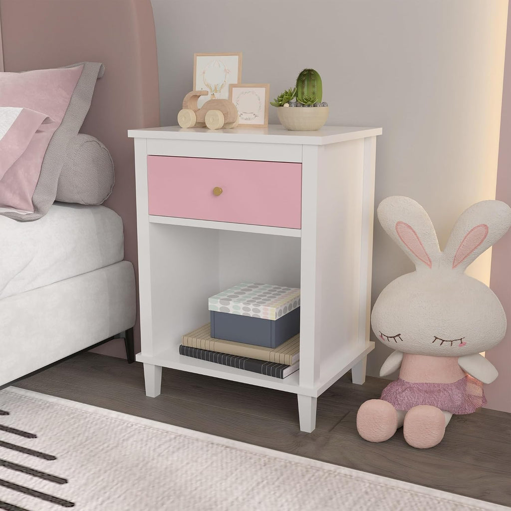 26.77''H Wooden Nightstand with One Drawer One Shelf, Pink ﻿,for Small Spaces