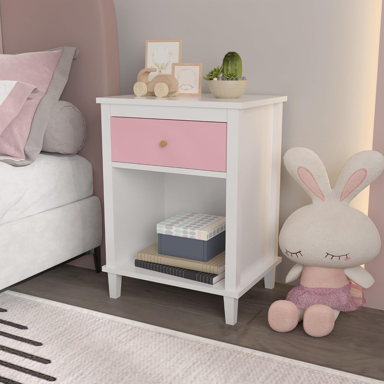26.77''H Wooden Nightstand with One Drawer One Shelf, Pink ﻿,for Small Spaces