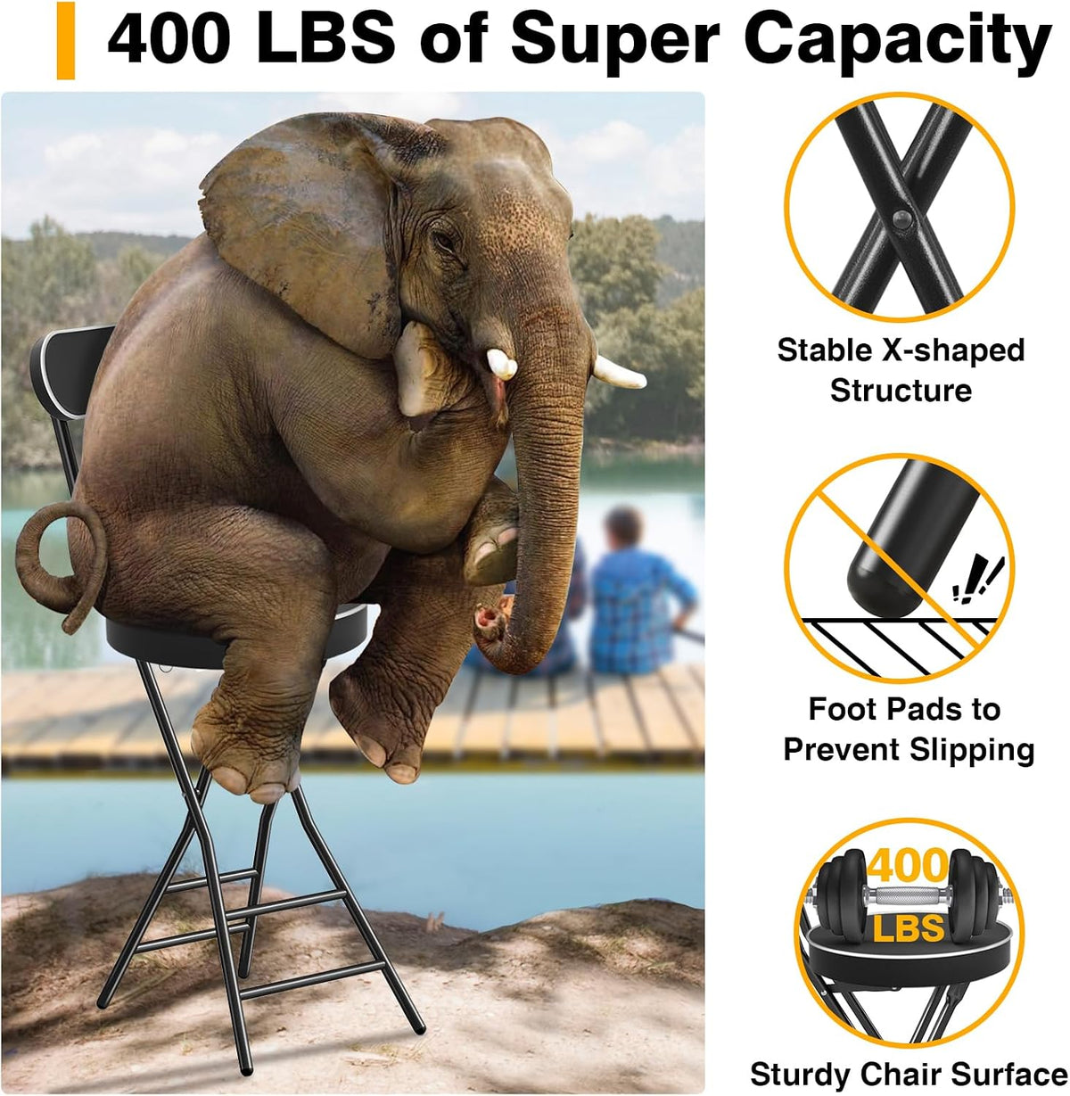 TAVR Folding Chair, Tall Folding Bar Chair with Backrest & Safety Lock, Portable PU Leather Counter Chair for Kitchen, Balcony, Camping, Fishing & Indoor Outdoor Use
